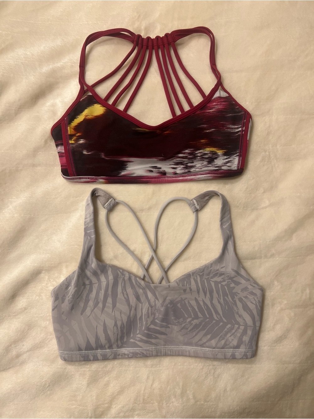2 Lululemon Women's Strappy Sports Bra - Burgundy Print and Light Gray
